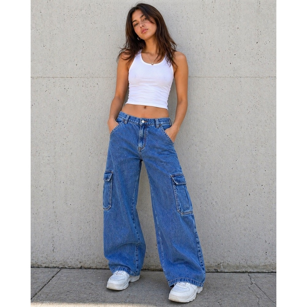 Y2K Women's Denim Cargo Pants Blue Wide Leg High Rise Baggy 90s Style
